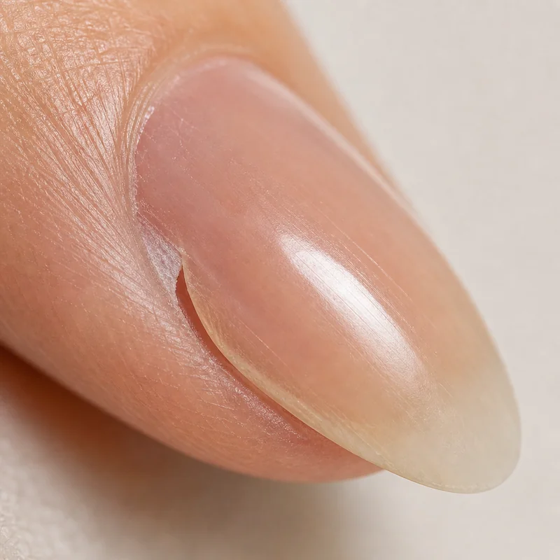 Almond nail lateral side wall lifting showing early product separation at the filed edge where moisture can enter and bacteria may develop underneath