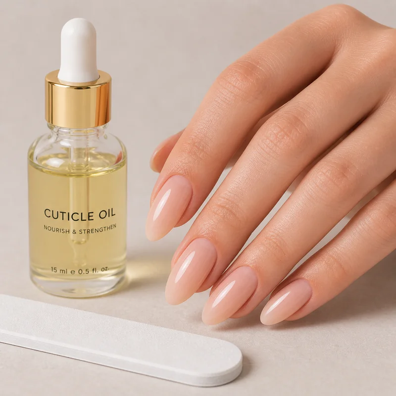 Complete almond nail aftercare daily and weekly routine schedule showing cuticle oil gloves hand cream top coat refresh and fill appointment timing
