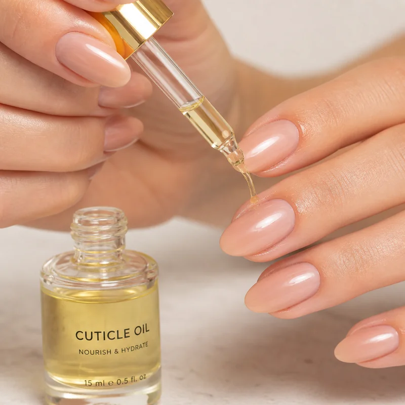 Cuticle oil applied to almond nails focusing on lateral side walls with jojoba vitamin E formula to prevent lifting and maintain high gloss shine