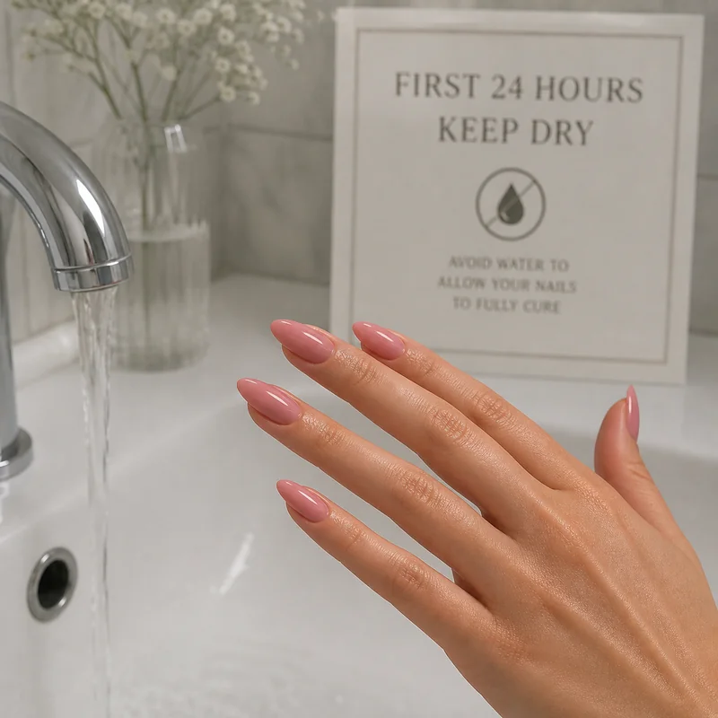 First 24 hours almond nail aftercare showing hands kept away from prolonged water and soap to allow enhancement bond to fully cure and set