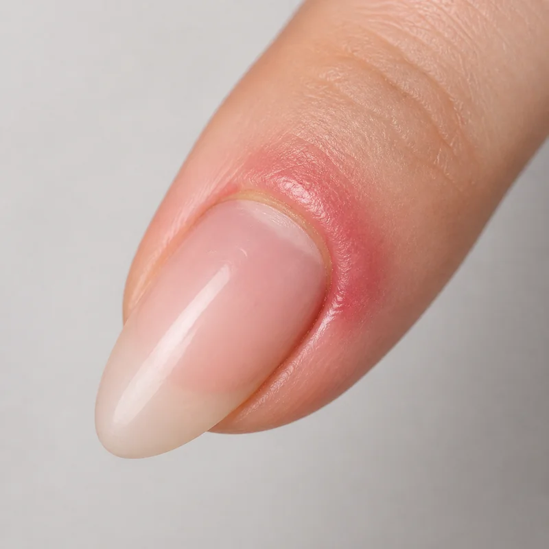 Nail infection warning signs under enhancement showing green discolouration or swelling around nail fold indicating paronychia or bacterial infection