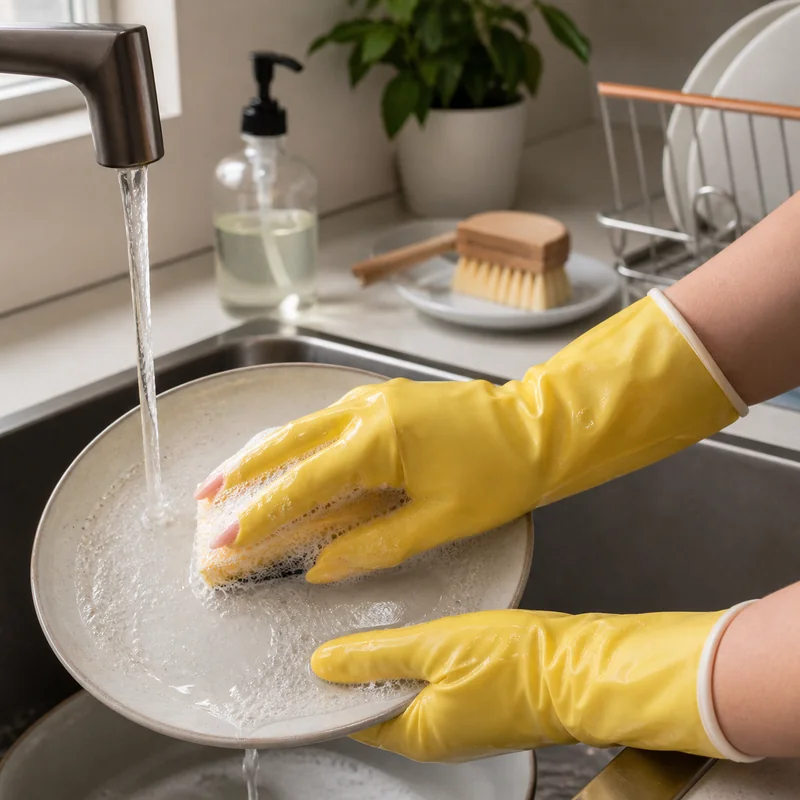 Rubber gloves protecting almond shaped nails during household cleaning and dishwashing preventing chemical exposure and tapered tip structural damage