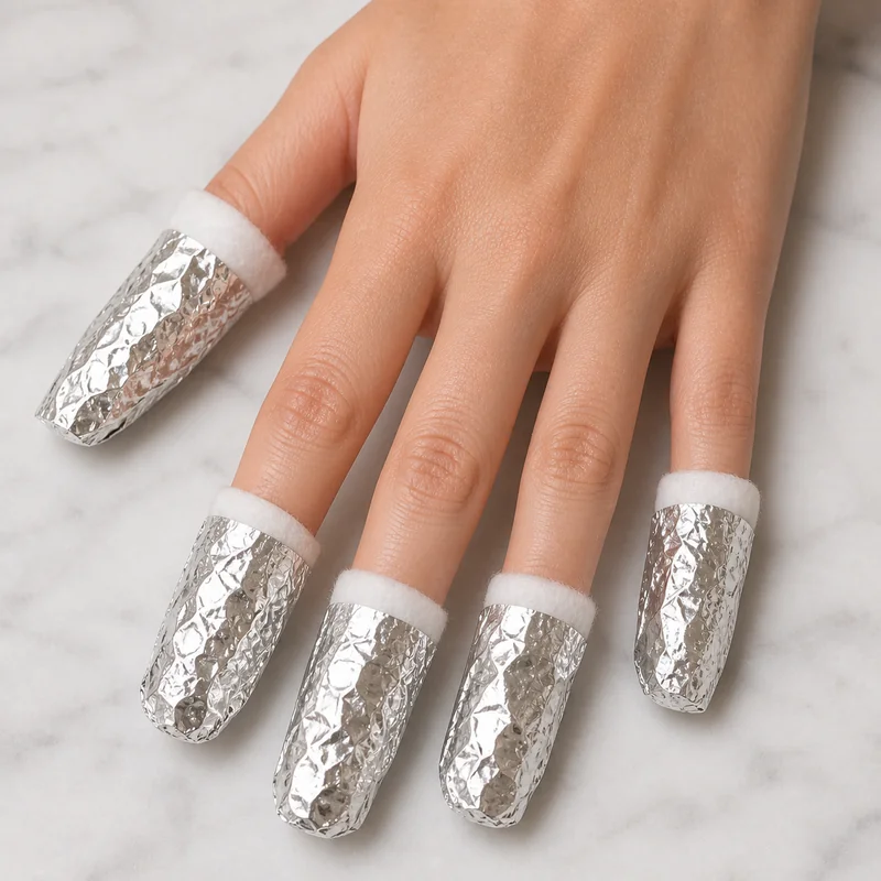 Safe almond nail removal at home using acetone soak and foil wrap technique showing correct method to dissolve product without peeling nail plate