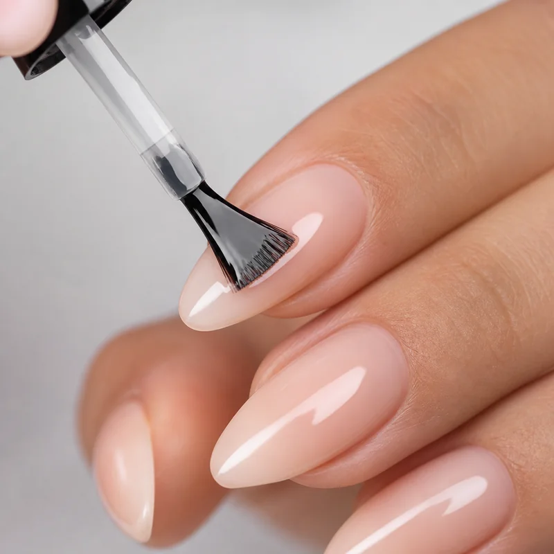 Top coat refresh applied to almond nails to restore high gloss shine between salon visits dulled by daily handwashing and environmental exposure