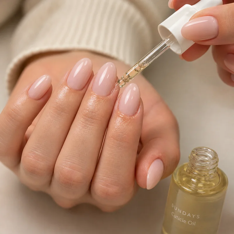 Almond nail aftercare showing cuticle oil pen application technique at nail bed edge for daily maintenance routine after salon appointment to prevent lifting