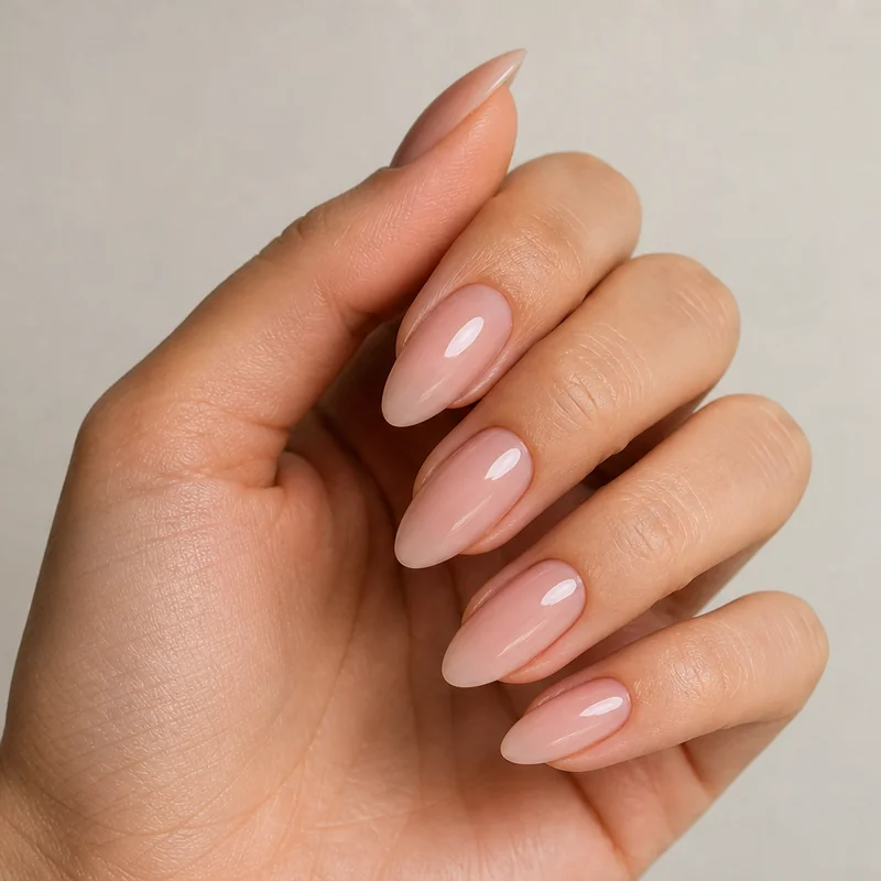 Almond nail shape diagram showing tapered sides narrowing to a soft rounded point, illustrating the key difference from oval nail shape