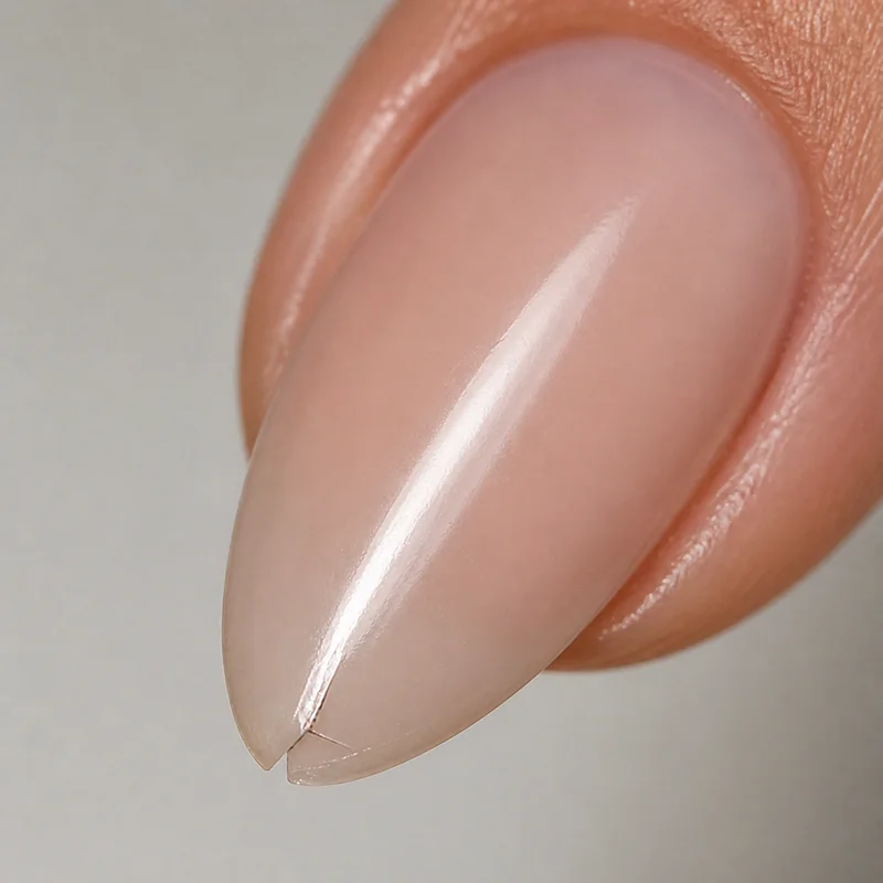 Almond nail tip breakage diagram showing structurally weak point at tapered tip compared to square nail and why fill appointments prevent stress fractures