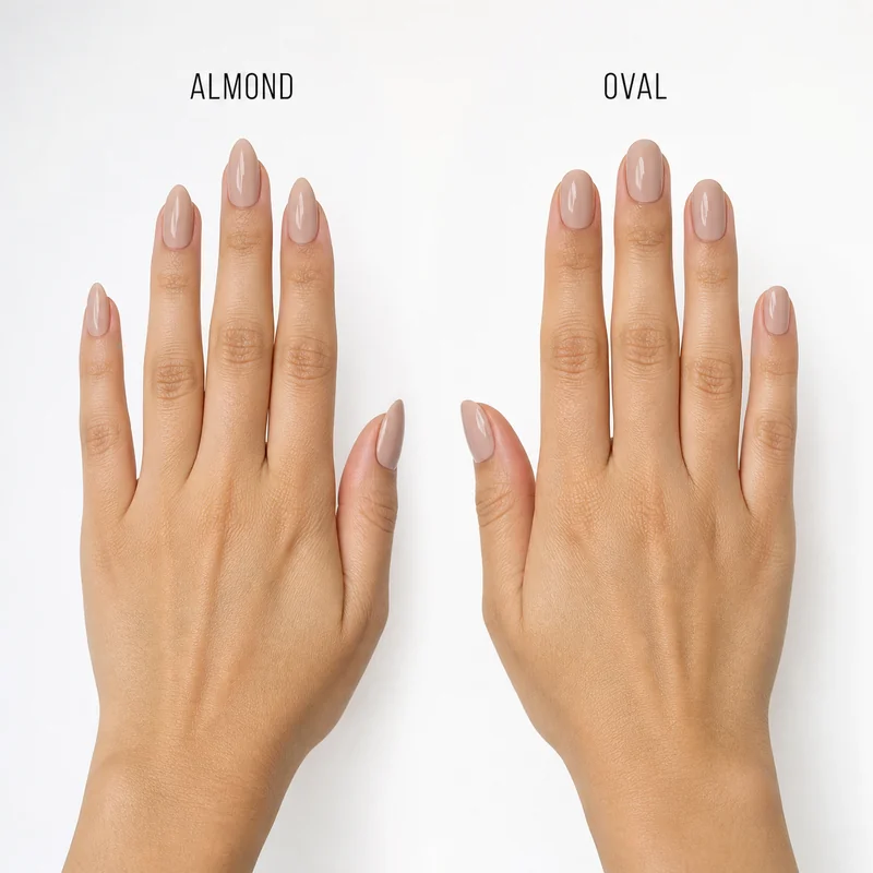 Almond versus oval nail shape comparison showing tapered converging sides of almond next to the consistent width and rounded dome of oval shape
