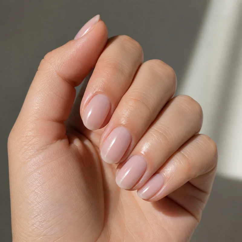 Baby almond nails in short practical length showing clean girl aesthetic suitable for everyday wear and work environments without sacrificing the tapered shape