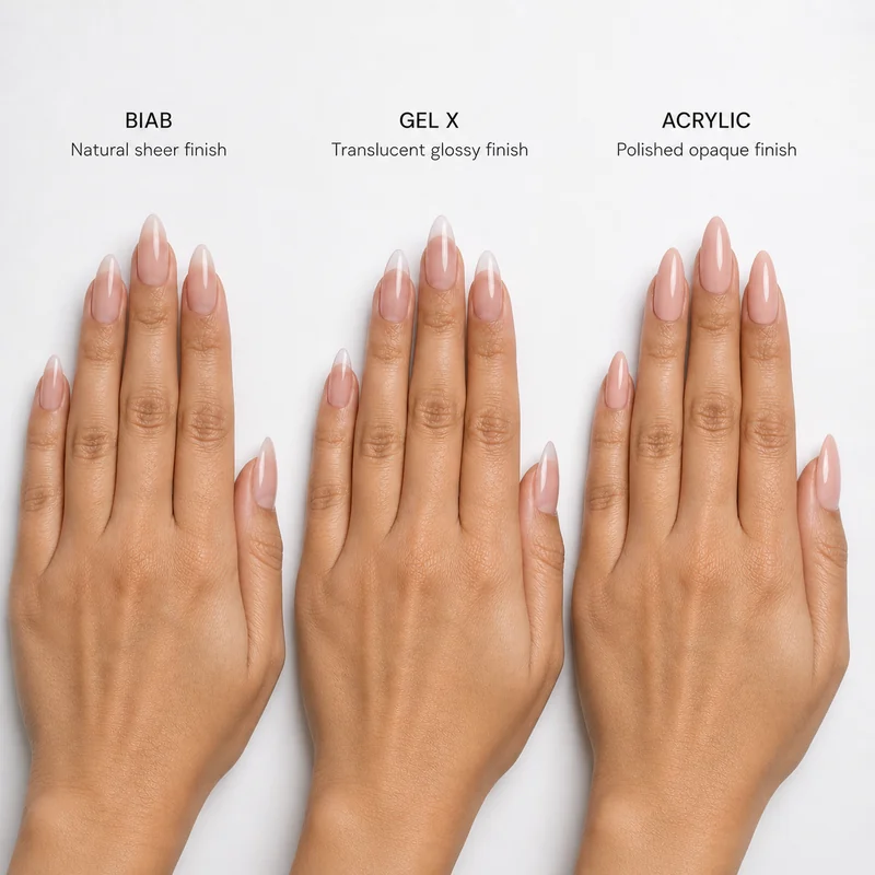 BIAB gel X and acrylic almond nail product comparison showing texture finish and length differences across three application methods on natural nails