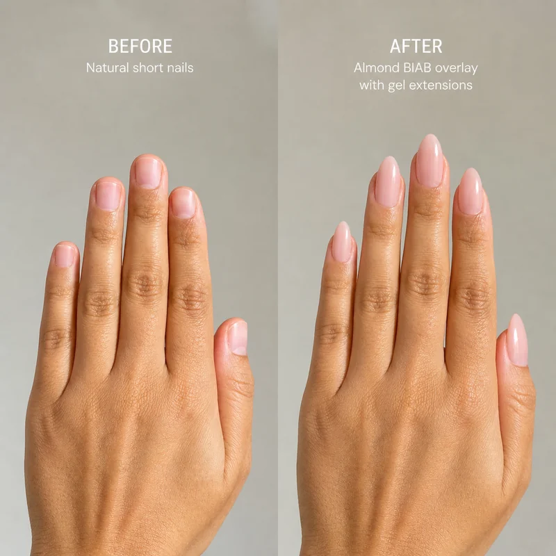Short natural nails showing options for achieving almond shape including BIAB structured overlay and Gel-X soft gel extension length comparison