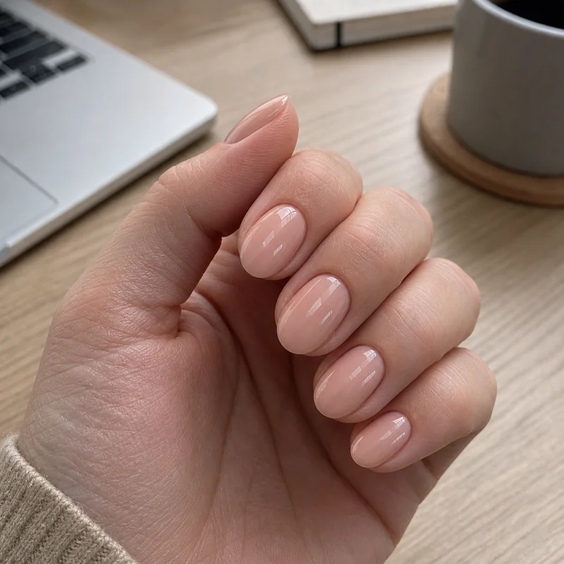 Confident professional woman at office desk with short almond nails showing everyday work appropriate set in neutral shade for corporate environment final look