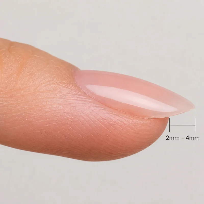 Nail projection measurement guide showing 2mm to 4mm professional threshold on almond shaped nails with fingertip reference for workplace suitability