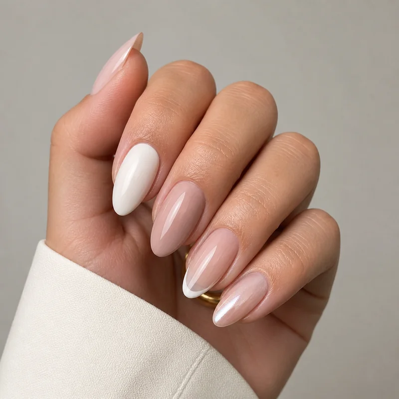 Office safe almond nail designs featuring milky white nude micro French tip and sheer chrome finish on short almond shape for professional workplace settings