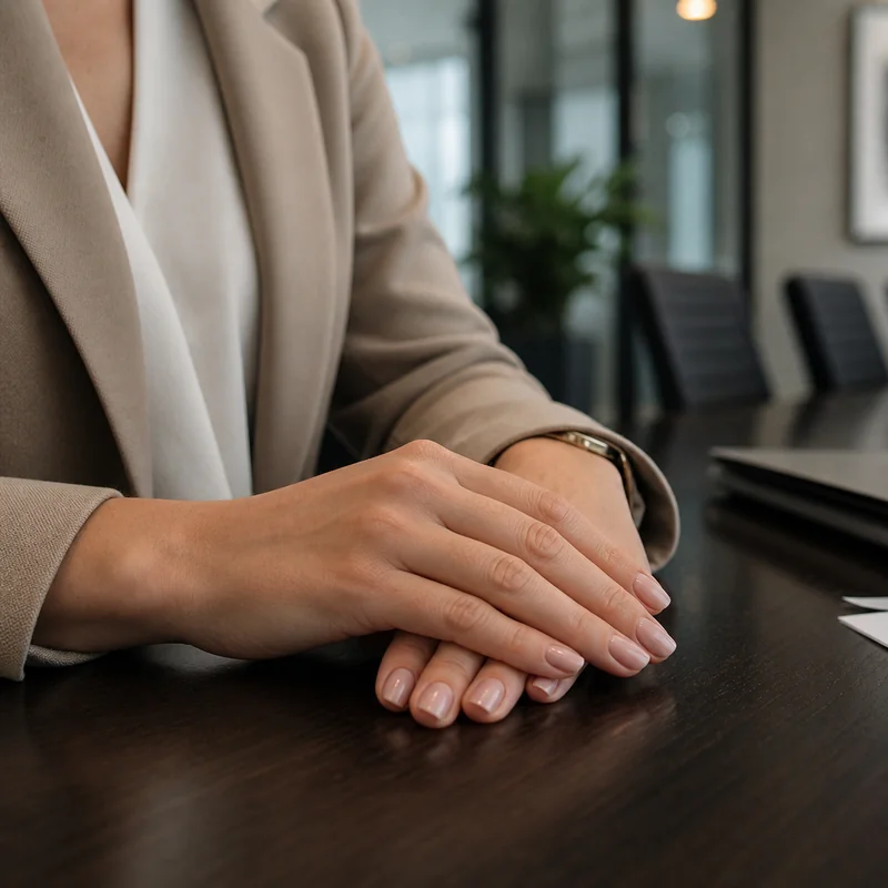 Professional women in office setting with neutral short almond nails visible at desk meeting showing conservative workplace appropriate nail presentation