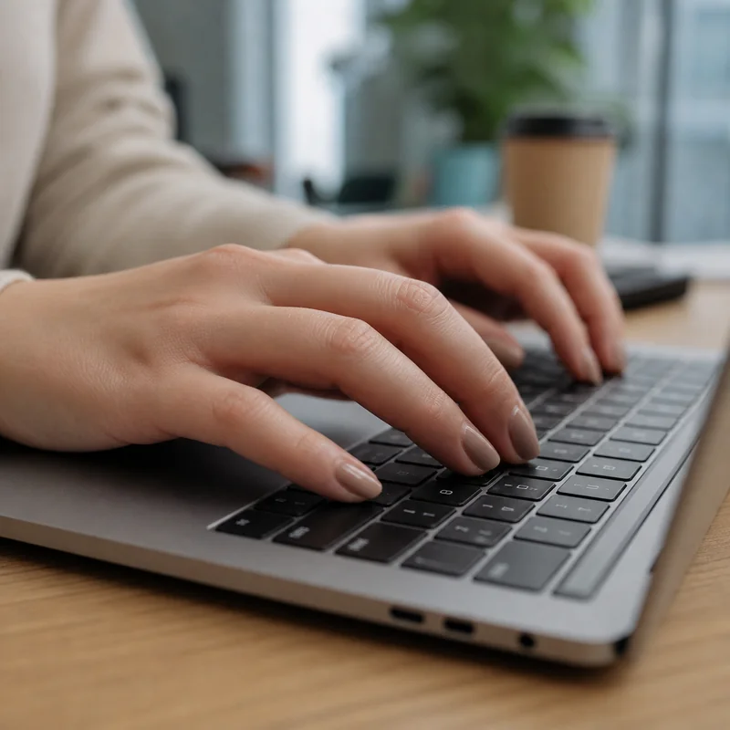 Short almond nails on keyboard showing correct fingertip pad contact angle for comfortable typing without nail interference in office desk environment