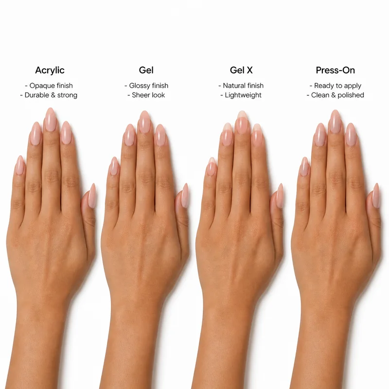 Four almond nail application methods comparison showing acrylic set gel extensions Gel-X and press-on nails side by side finish quality