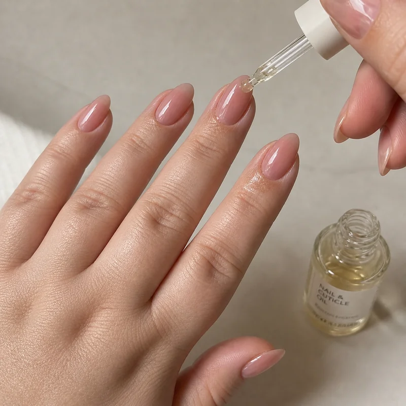 Almond nail maintenance showing cuticle oil application on natural almond shaped nails with healthy nail bed and clean cuticle line