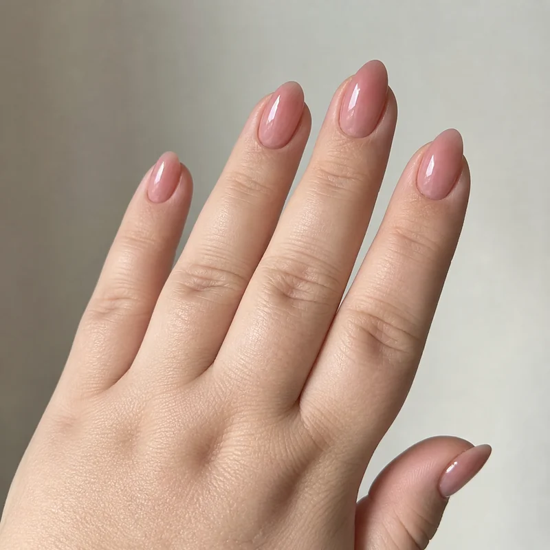 Almond nail shape on wide nail bed showing slimming taper effect and finger elongation compared to square shape on same hand type