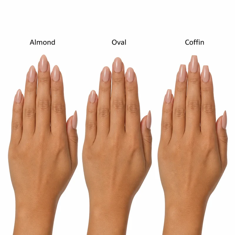 Side by side comparison of almond oval and coffin nail shapes showing tapered sides rounded peak versus flat tip anatomical differences
