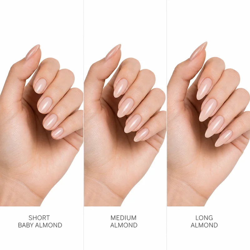Baby almond nails on natural short length showing sheer milky finish with gentle taper and clean cuticle line 2026 trend close up