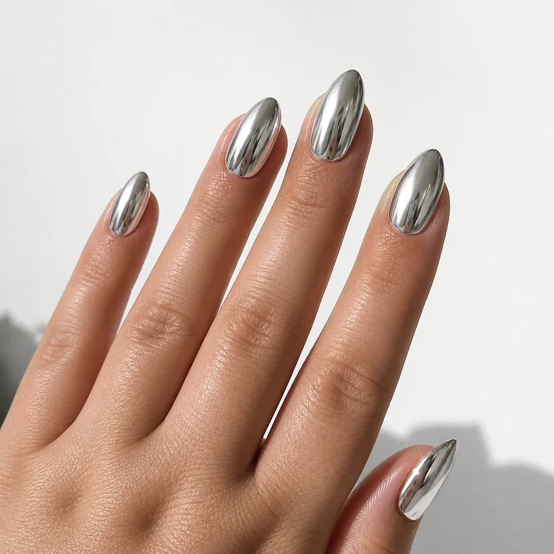 Chrome medium almond nails with mirror finish showing dimensional light reflection across tapered nail surface 2026 editorial manicure