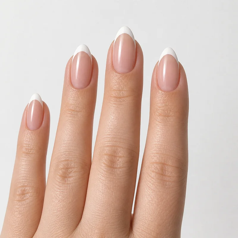 French tip almond nails showing modern curved smile line variation in clean white on medium length almond shape with natural base