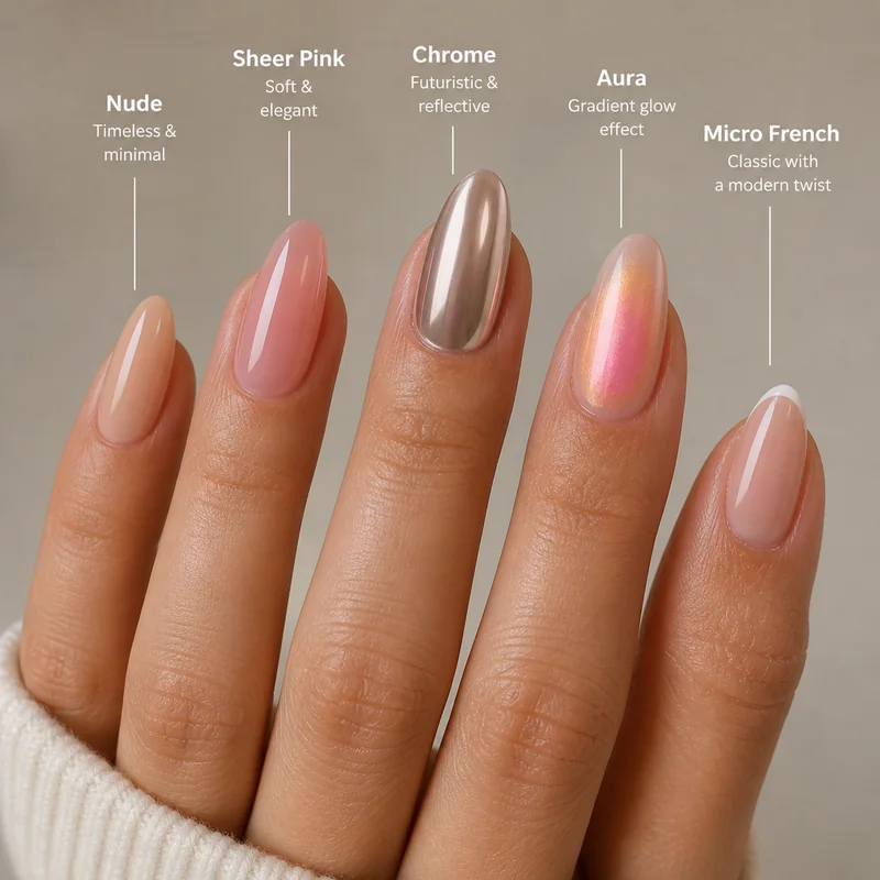 Four top almond nail design styles for 2026 showing nude sheer pink chrome mirror finish aura gradient and French tip on almond shaped nails