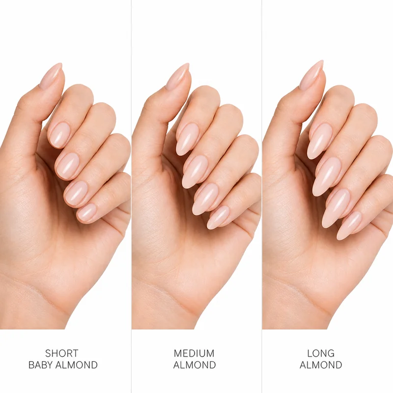 Three almond nail length stages showing short baby almond medium classic almond and long dramatic almond on the same hand for comparison