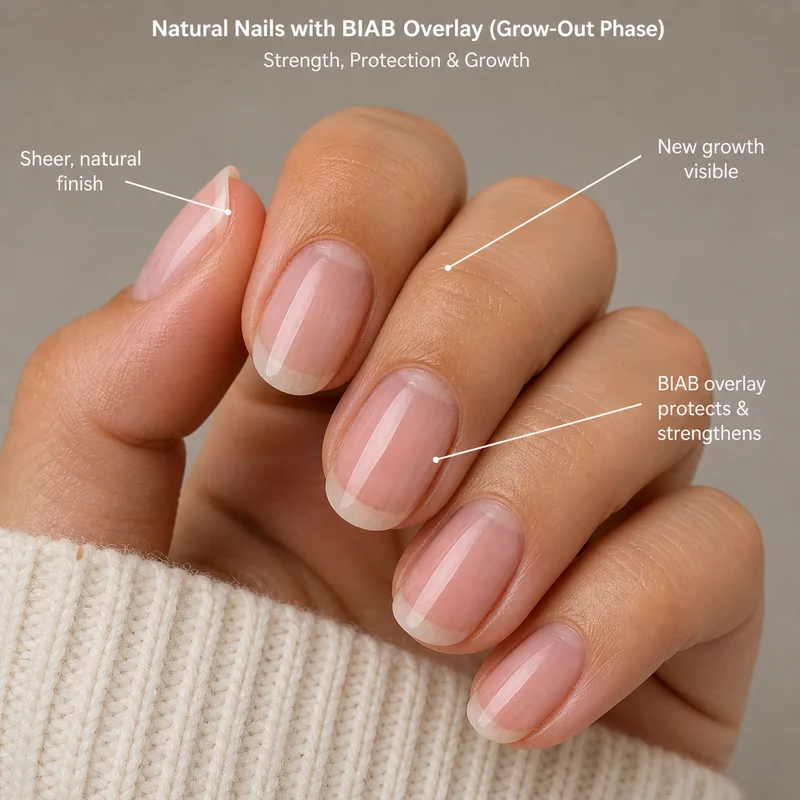 BIAB builder gel applied as protective overlay on natural nail during grow out phase showing thin coverage without added length for nail growth journey