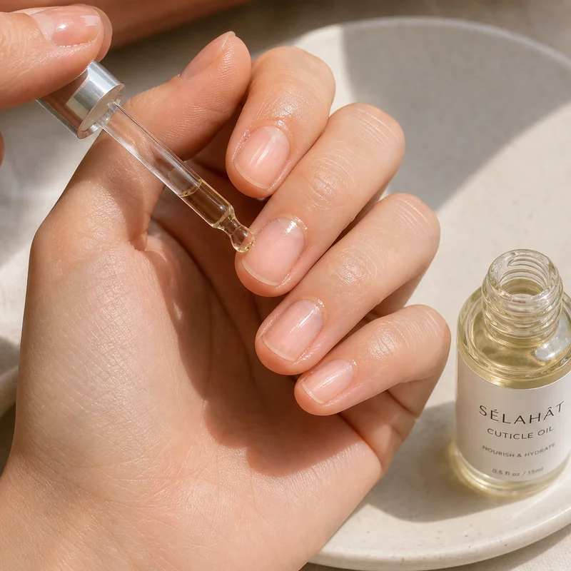 Cuticle oil application for nail growth routine showing dropper technique at nail plate base for daily hydration and flexibility maintenance