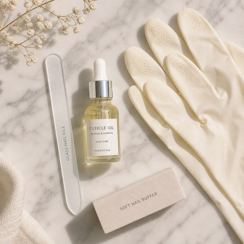 Daily nail growth routine habits showing cuticle oil application rubber gloves for washing and glass nail file for weekly maintenance during grow out phase
