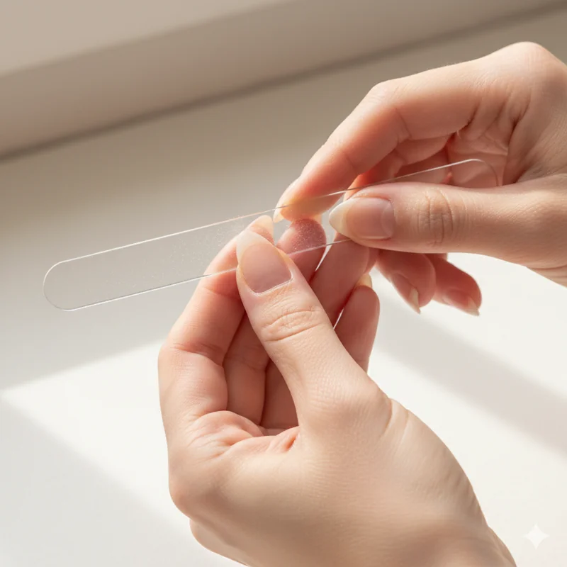 First natural almond nail set filing sequence using glass nail file at 45 degree angle with symmetry check from multiple angles for correct almond shape