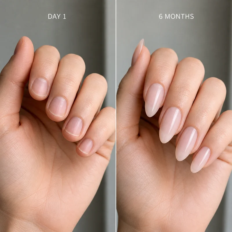 Grow nails for almond shape naturally showing tapered free edge with translucent pink polish and healthy cuticle on real unenhanced nails