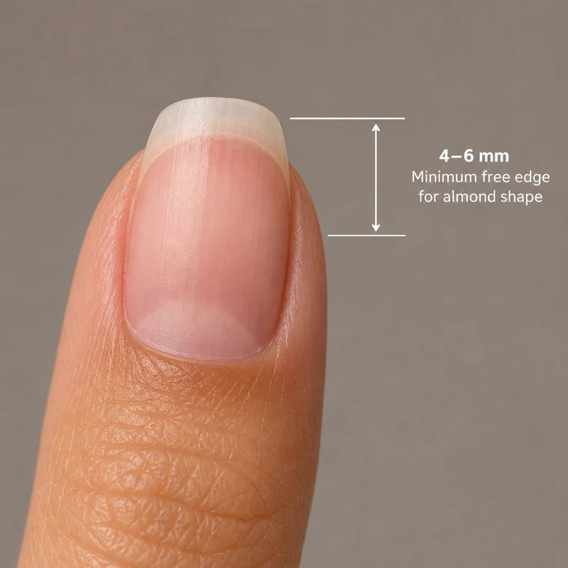 Minimum free edge length for almond shape natural nail showing four to six millimetre extension beyond fingertip with measurement guide overlay