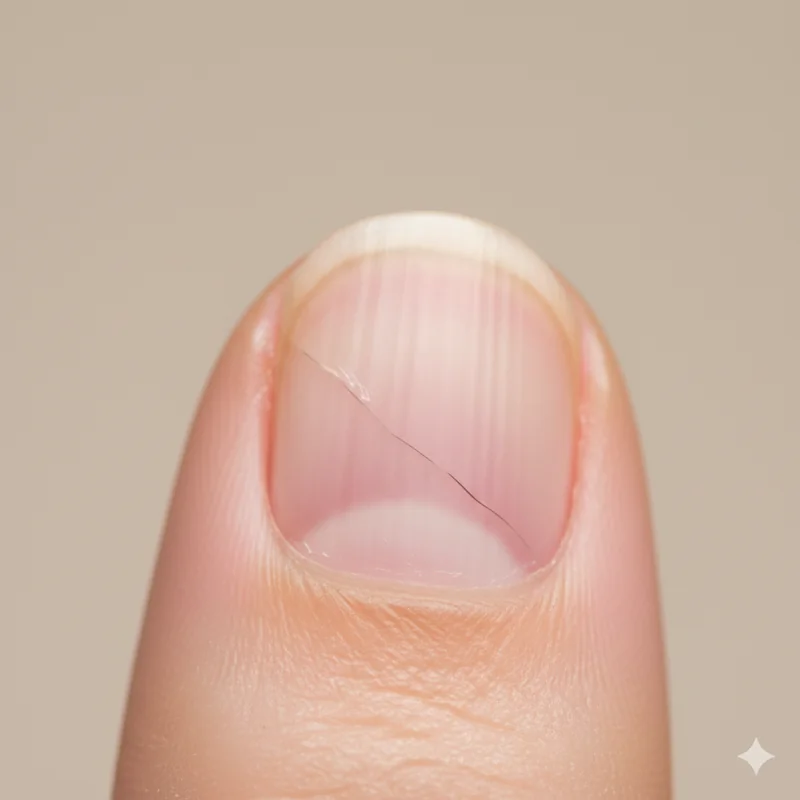 Nail corner breakage during grow out phase showing stress concentration at exposed square corners before almond taper transition is possible