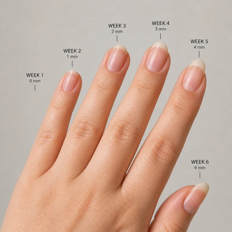 Nail growth rate per month showing three to four millimetre average progression with monthly milestone markers for almond shape goal length