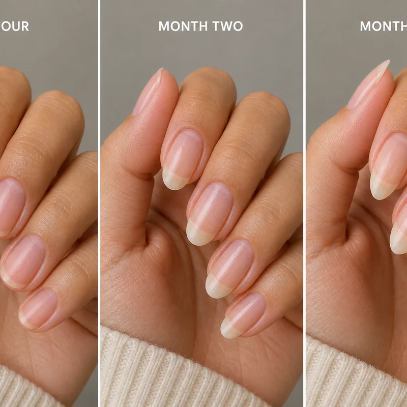 Nail growth timeline showing week four month two and month four progress milestones for natural almond shape grow out journey from short nails