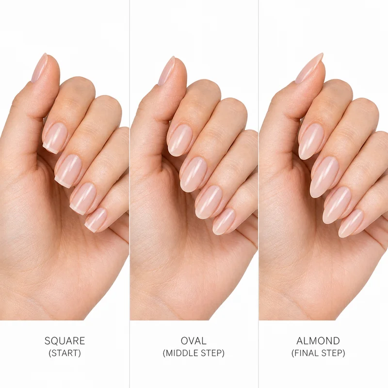 Square oval almond nail shape transition sequence showing three progressive stages of filing technique for natural nail grow out journey to almond length