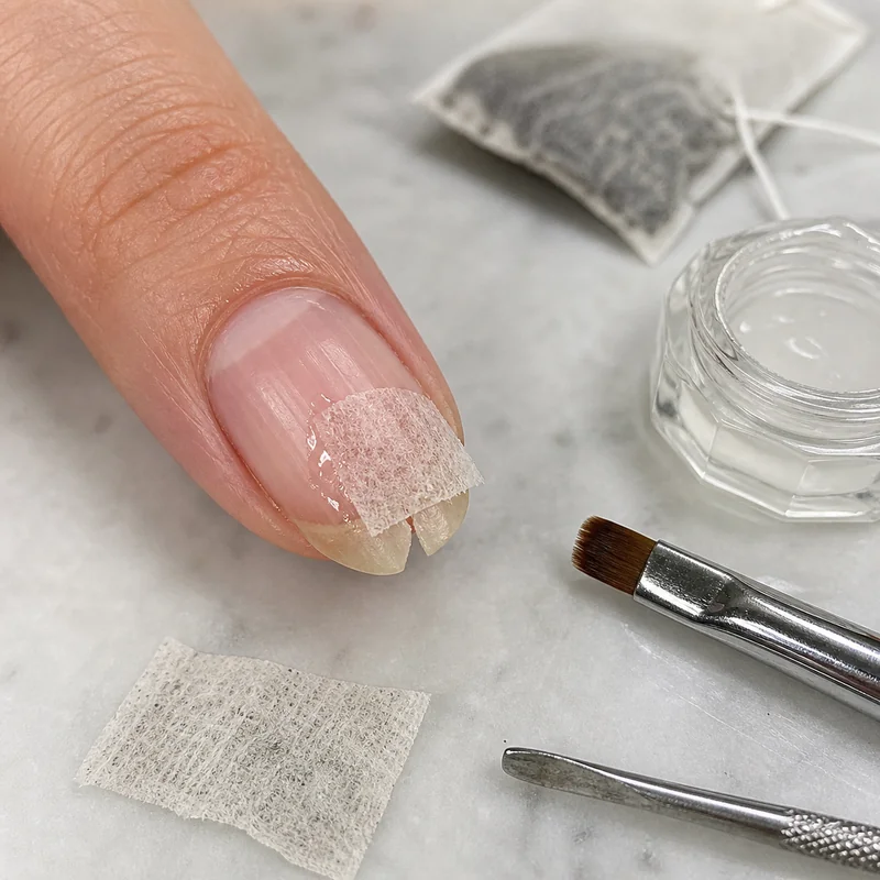 Tea bag nail repair technique for broken nail during growth journey showing bonding method and sealed finish to bridge break until nail grows past damage