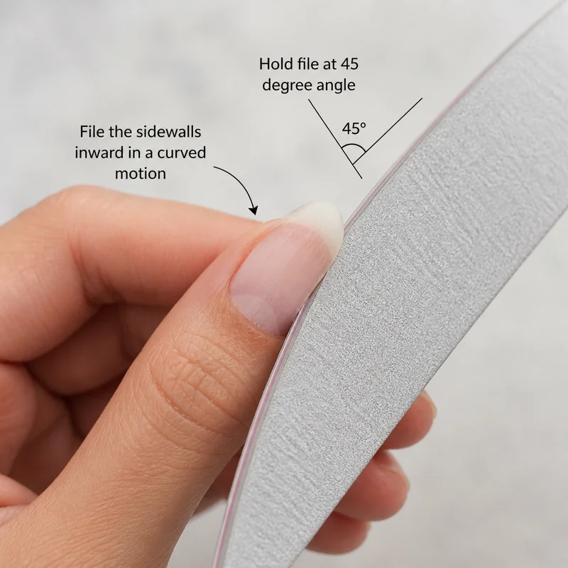 45 degree nail file angle curved sweeping motion from sidewall corner inward toward centre mark for almond taper short nails