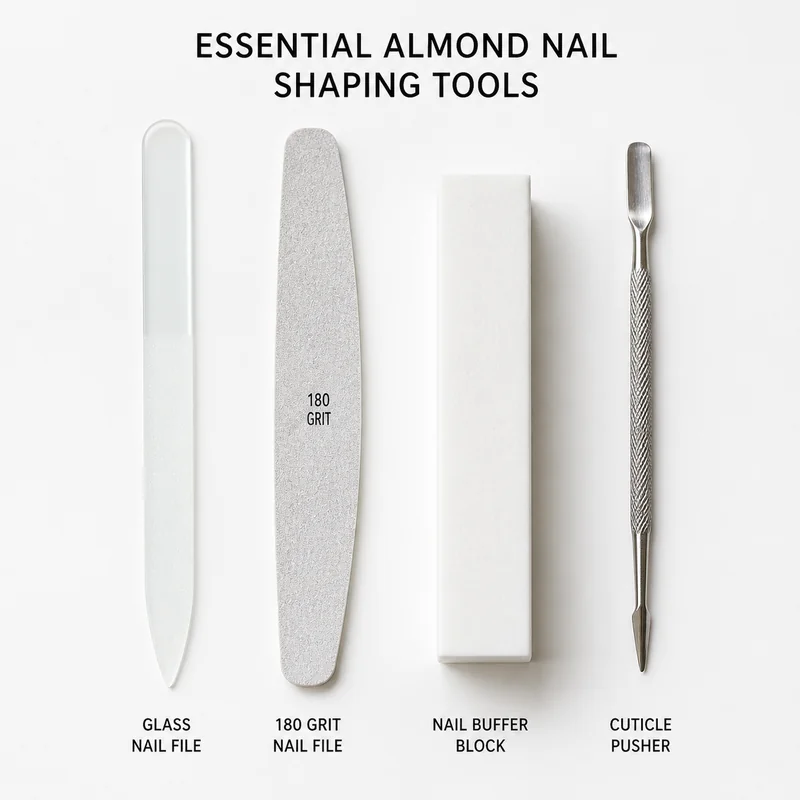 Almond nail shaping tools flat lay glass file buffer cuticle pusher 180 grit essentials short natural nail shaping at home