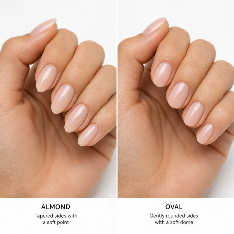 Almond versus oval nail shape side taper comparison almond narrowing inward while oval stays rounded width toward the tip