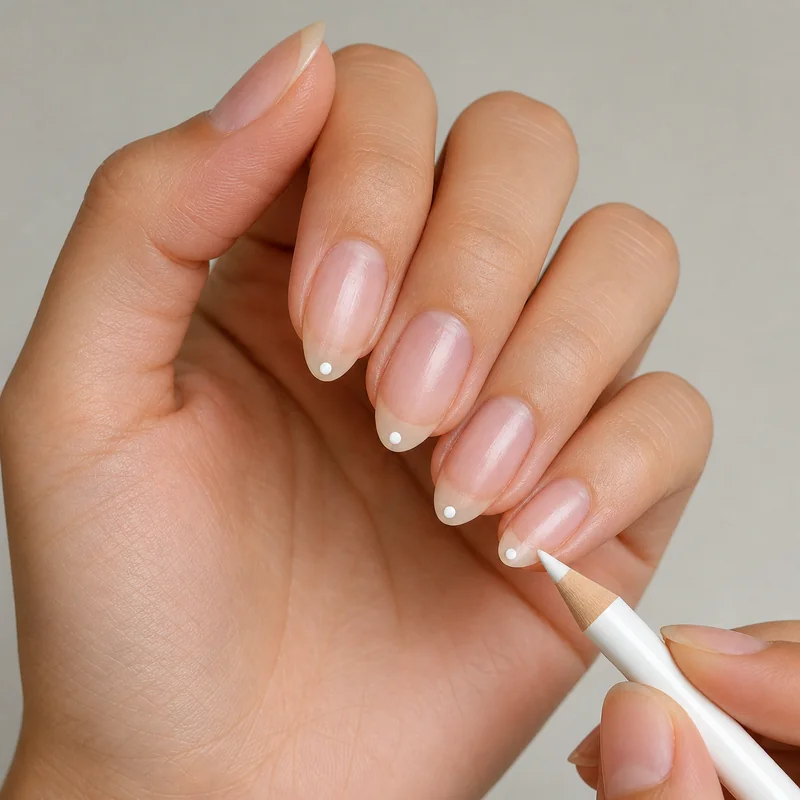 Centre mark nail trick white dot at nail tip centre as filing target for symmetrical almond shape on short natural nails