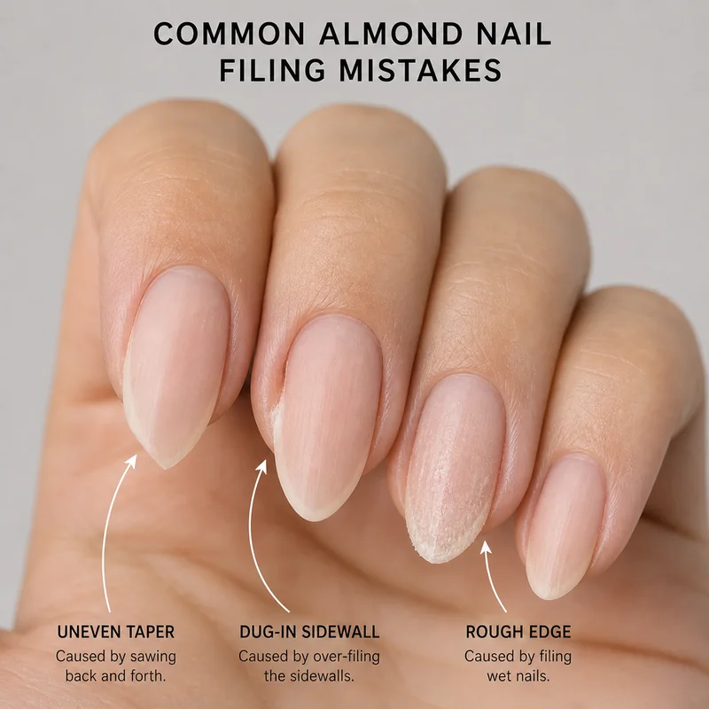 Common almond nail mistakes back forth filing motion sidewall digging wet nail errors to avoid shaping short natural nails