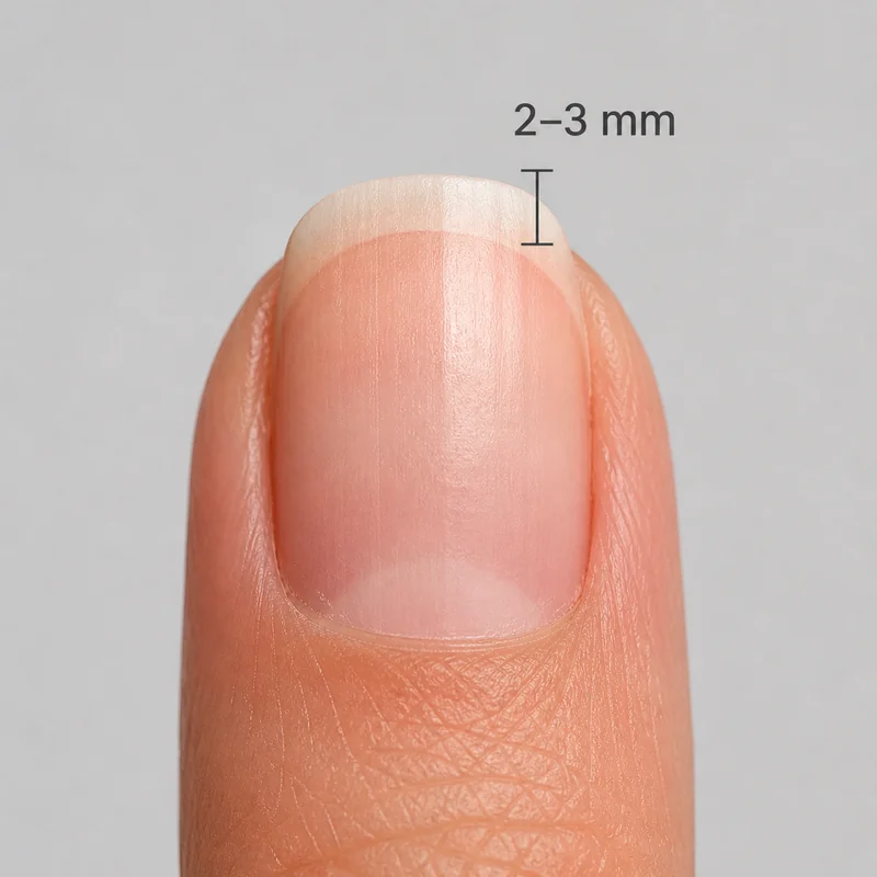 Nail free edge 2 to 3mm past fingertip minimum length check required for almond shape short natural nails home DIY filing