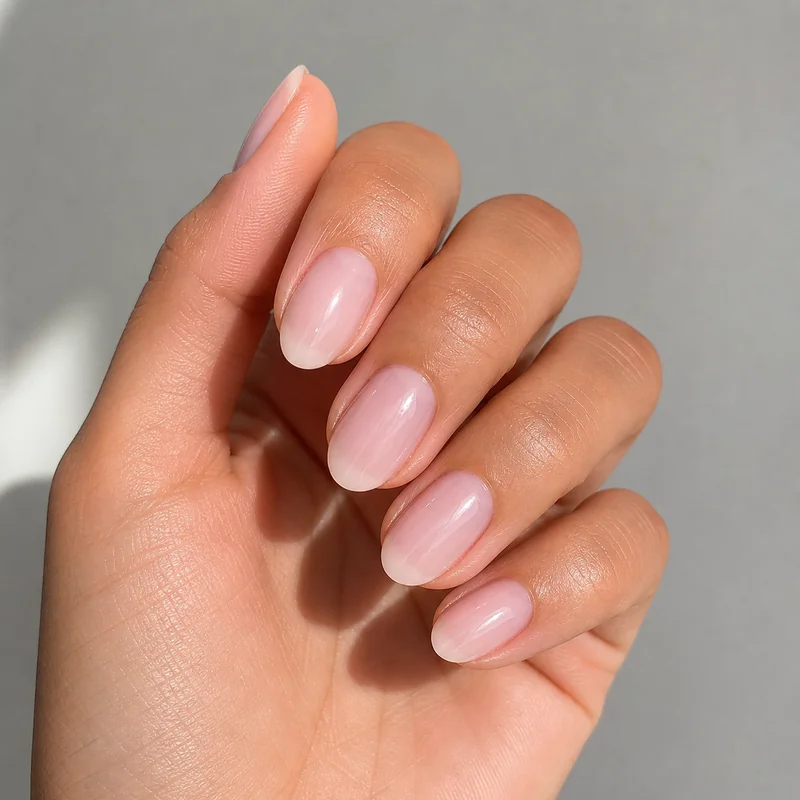 Short almond nails finished milky sheer pink polish on natural hands soft tapered almond shape 2026 DIY home manicure look
