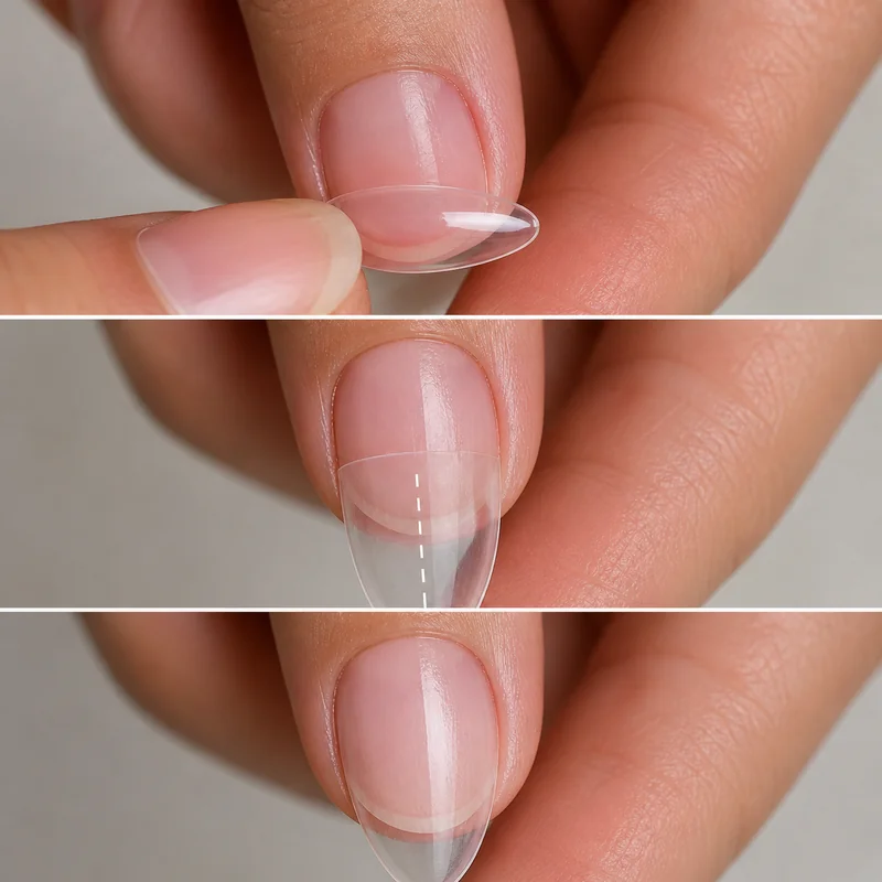 Soft gel tip sizing flush across natural nail plate full width before application for short nails almond shape DIY at home