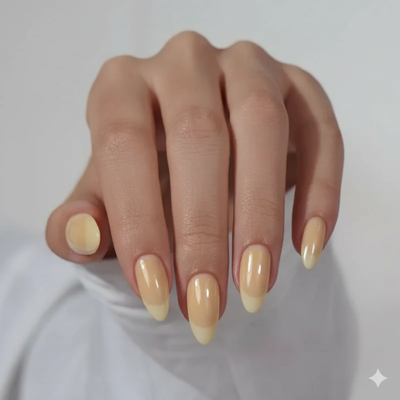 Short almond spring nails in butter yellow sheer polish showing everyday wearable length with soft tapered tip spring 2026