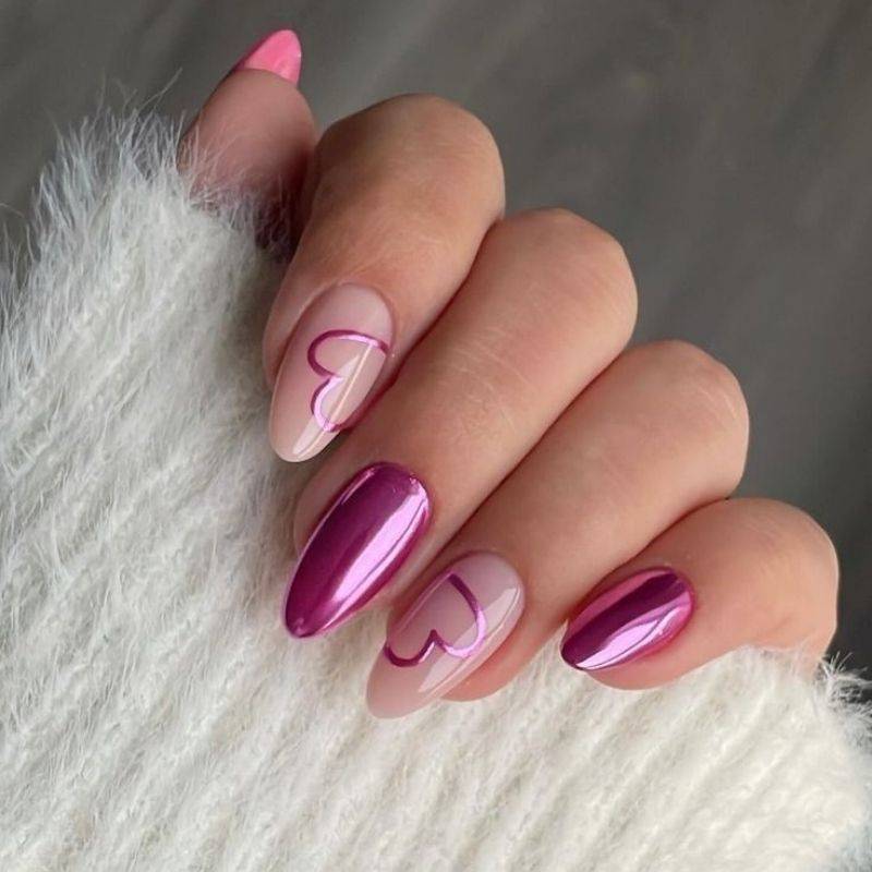 Valentine nails 2026 almond shape with chrome pink finish